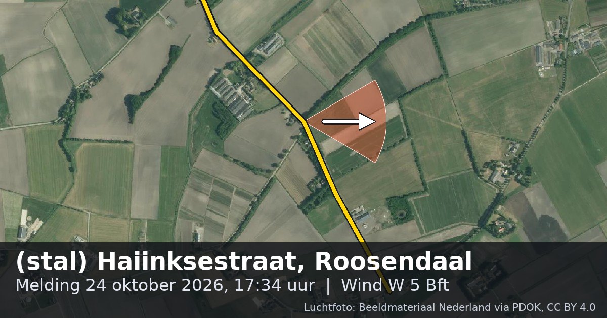 Luchtfoto van de (stal) Haiinksestraat in Roosendaal, met de straat gemarkeerd en een pijl in de windrichting