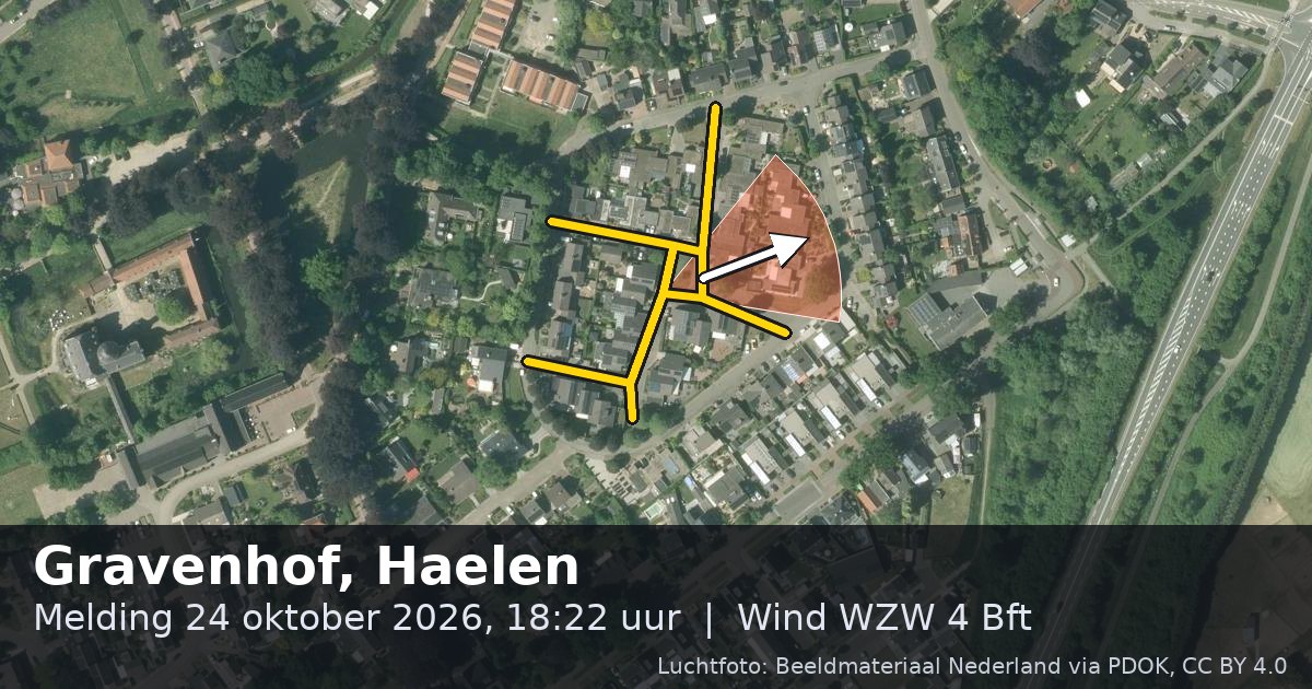 Luchtfoto van de Gravenhof in Haelen, met de straat gemarkeerd en een pijl in de windrichting