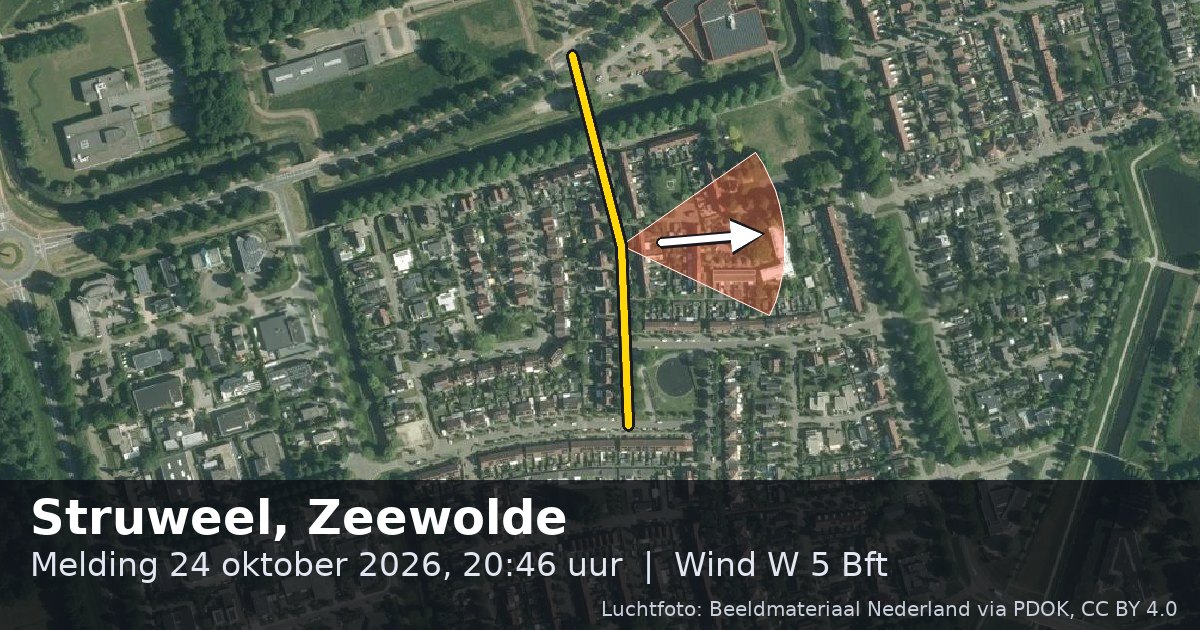 Luchtfoto van de Struweel in Zeewolde, met de straat gemarkeerd en een pijl in de windrichting