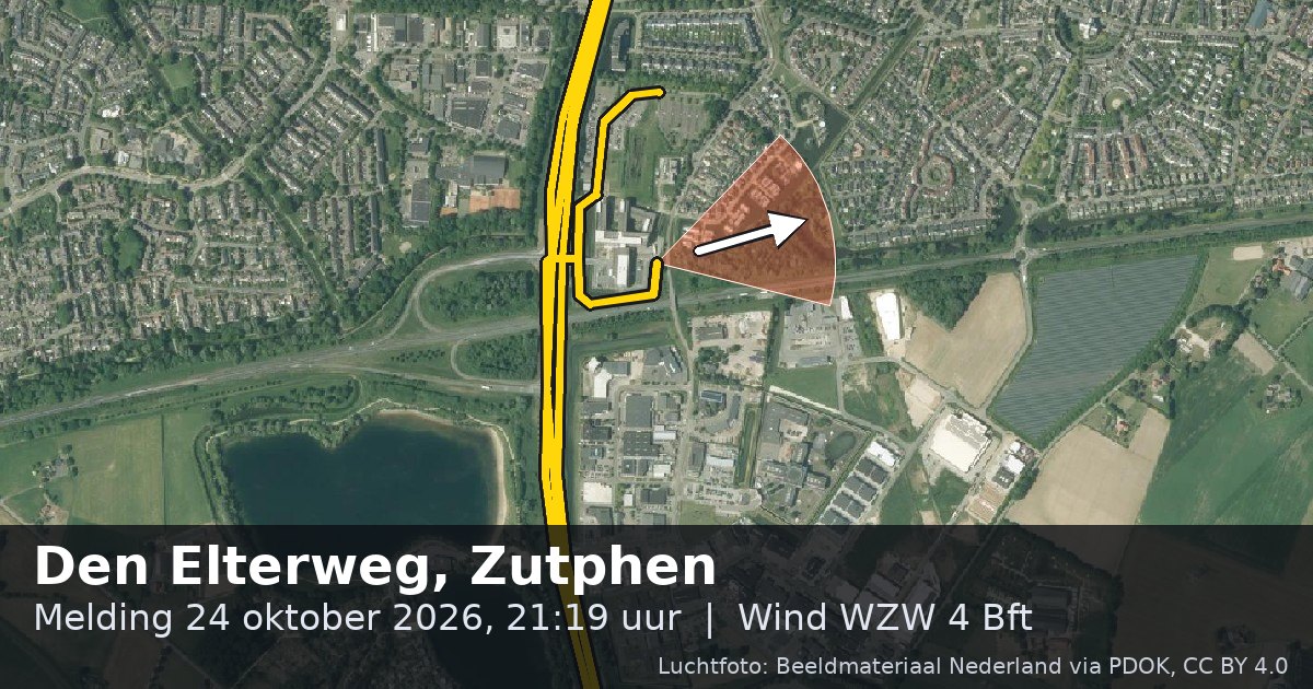 Luchtfoto van de Den Elterweg in Zutphen, met de straat gemarkeerd en een pijl in de windrichting