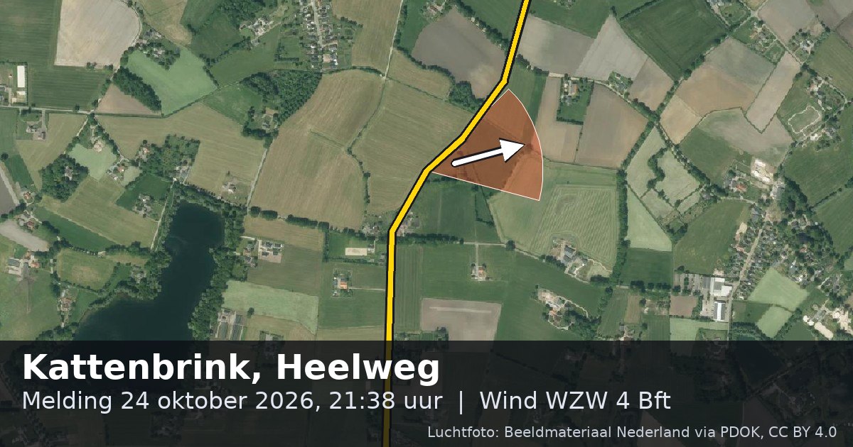 Luchtfoto van de Kattenbrink in Heelweg, met de straat gemarkeerd en een pijl in de windrichting