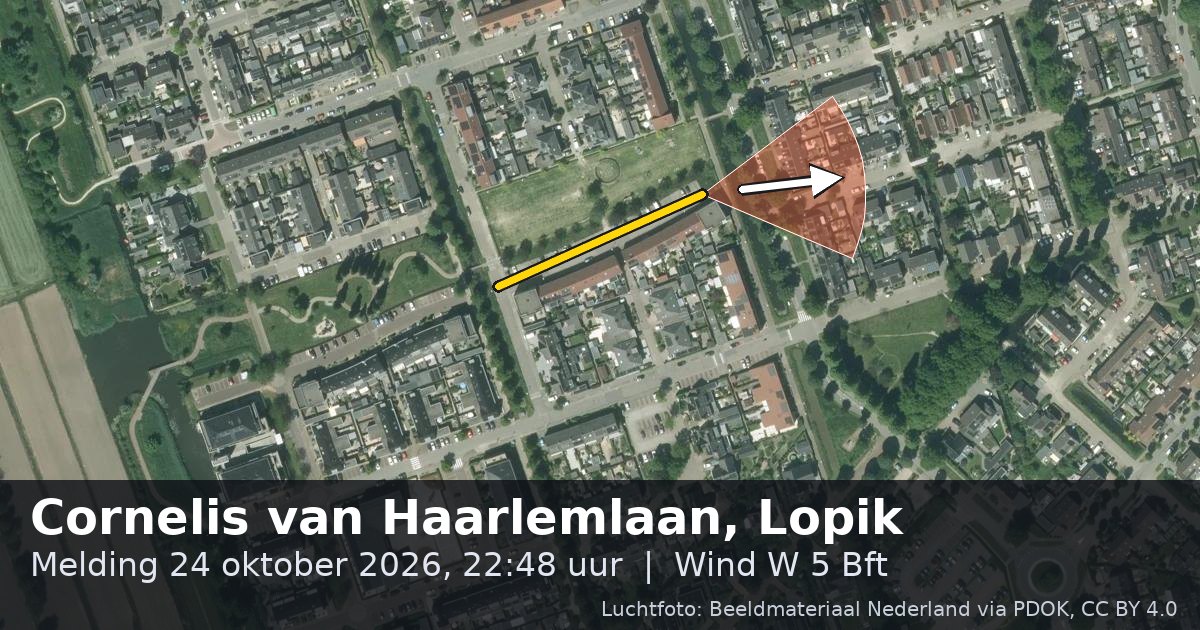 Luchtfoto van de Cornelis van Haarlemlaan in Lopik, met de straat gemarkeerd en een pijl in de windrichting
