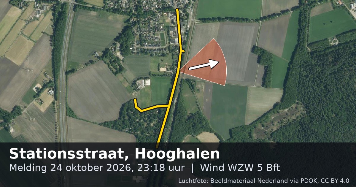 Luchtfoto van de Stationsstraat in Hooghalen, met de straat gemarkeerd en een pijl in de windrichting