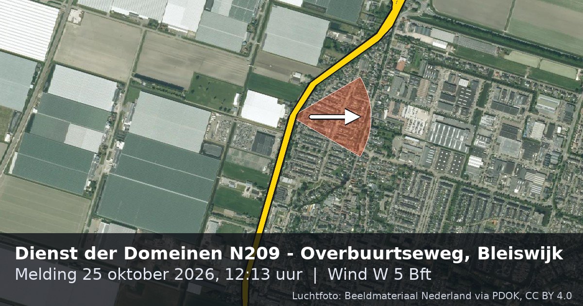 Luchtfoto van de Dienst der Domeinen N209 - Overbuurtseweg in Bleiswijk, met de straat gemarkeerd en een pijl in de windrichting
