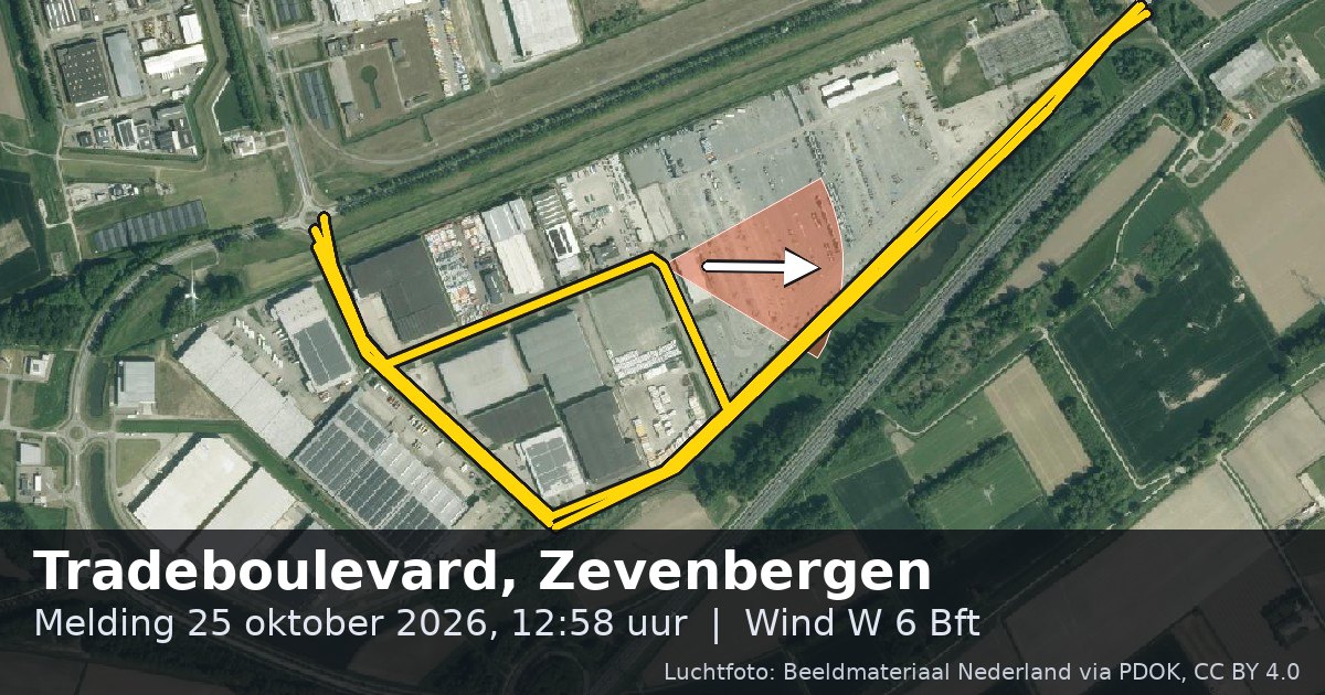Luchtfoto van de Tradeboulevard in Zevenbergen, met de straat gemarkeerd en een pijl in de windrichting