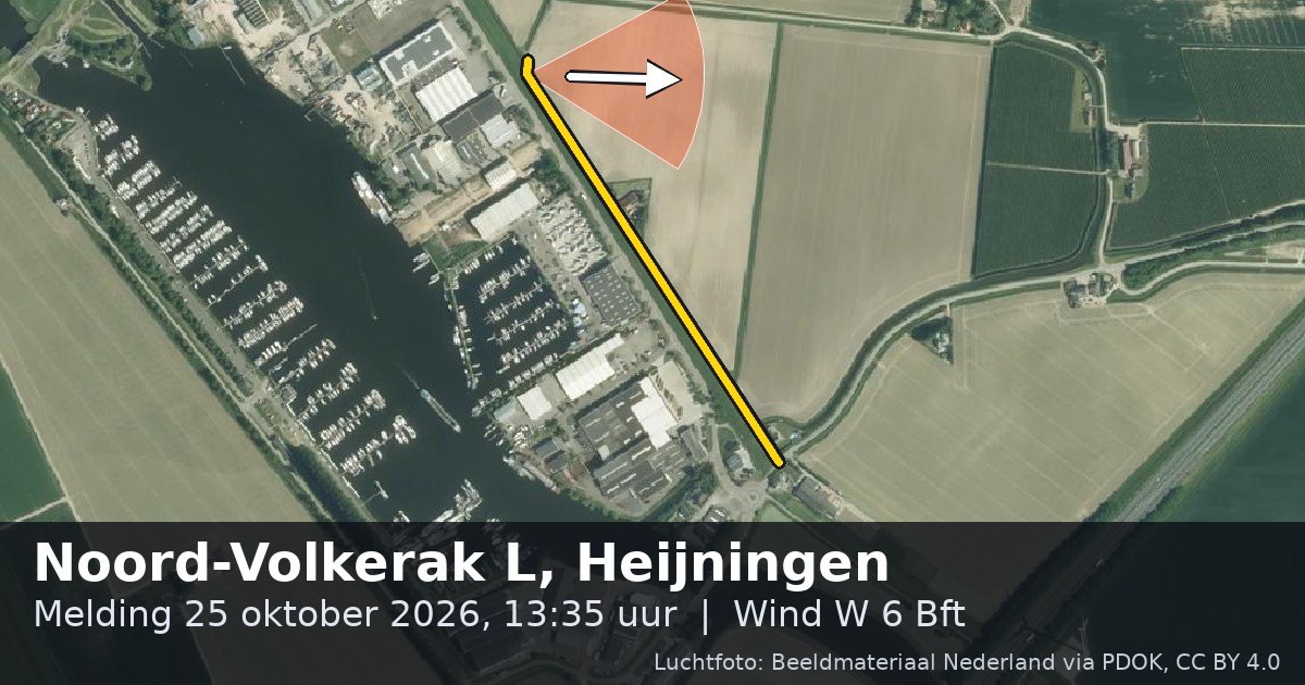 Luchtfoto van de Noord-Volkerak L in Heijningen, met de straat gemarkeerd en een pijl in de windrichting
