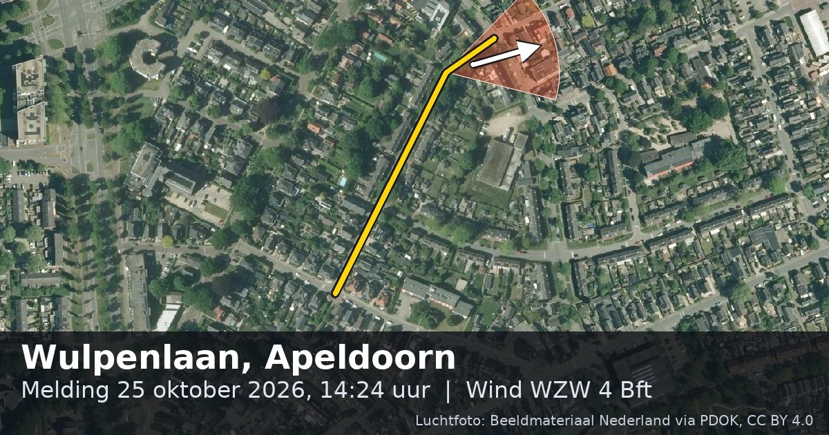 Luchtfoto van de Wulpenlaan in Apeldoorn, met de straat gemarkeerd en een pijl in de windrichting