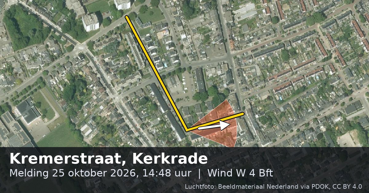 Luchtfoto van de Kremerstraat in Kerkrade, met de straat gemarkeerd en een pijl in de windrichting