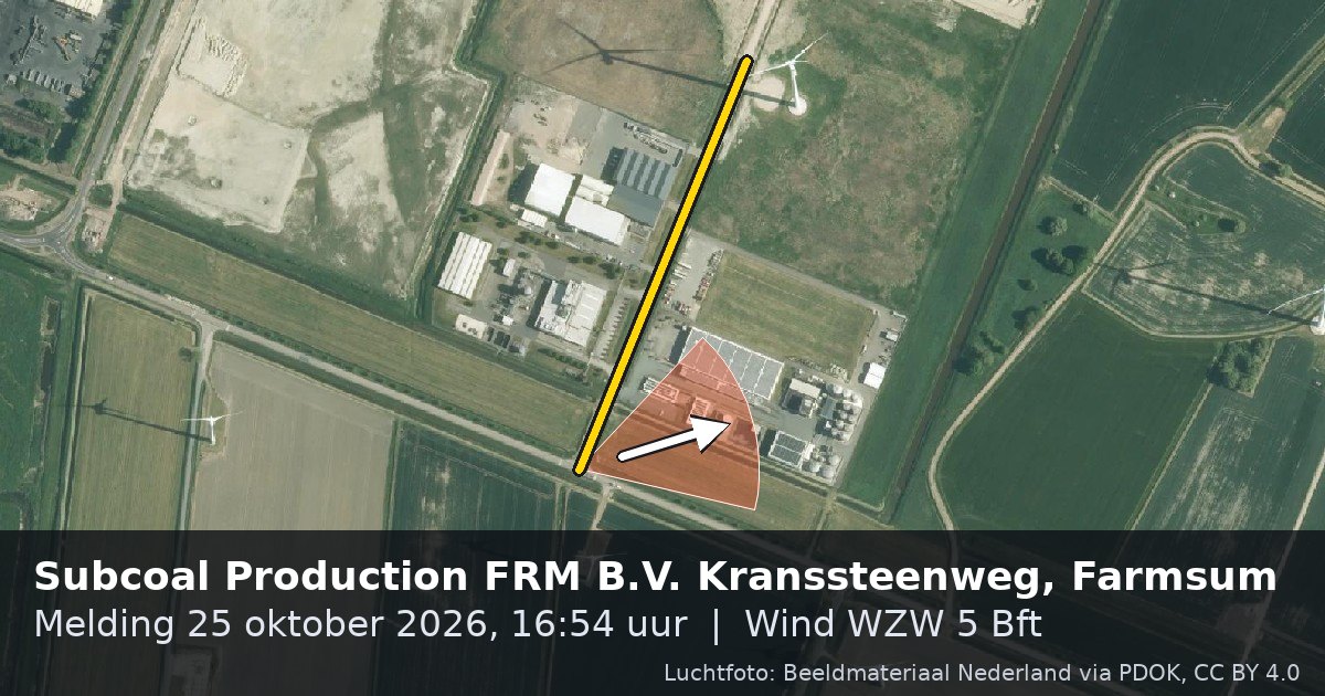 Luchtfoto van de Subcoal Production FRM B.V. Kranssteenweg in Farmsum, met de straat gemarkeerd en een pijl in de windrichting