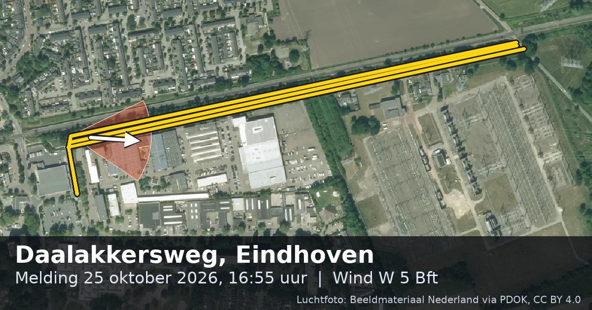 Luchtfoto van de Daalakkersweg in Eindhoven, met de straat gemarkeerd en een pijl in de windrichting