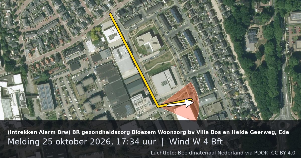 Luchtfoto van de (Intrekken Alarm Brw) BR gezondheidszorg Bloezem Woonzorg bv Villa Bos en Heide Geerweg in Ede, met de straat gemarkeerd en een pijl in de windrichting