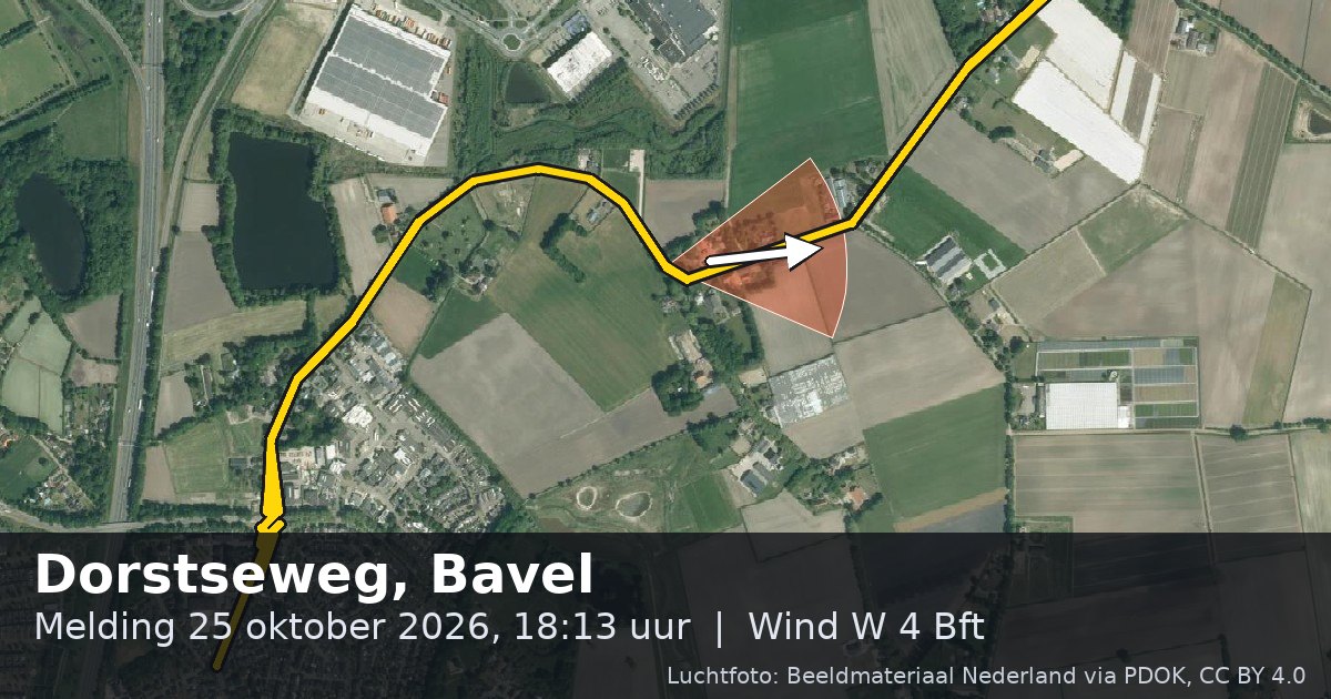 Luchtfoto van de Dorstseweg in Bavel, met de straat gemarkeerd en een pijl in de windrichting