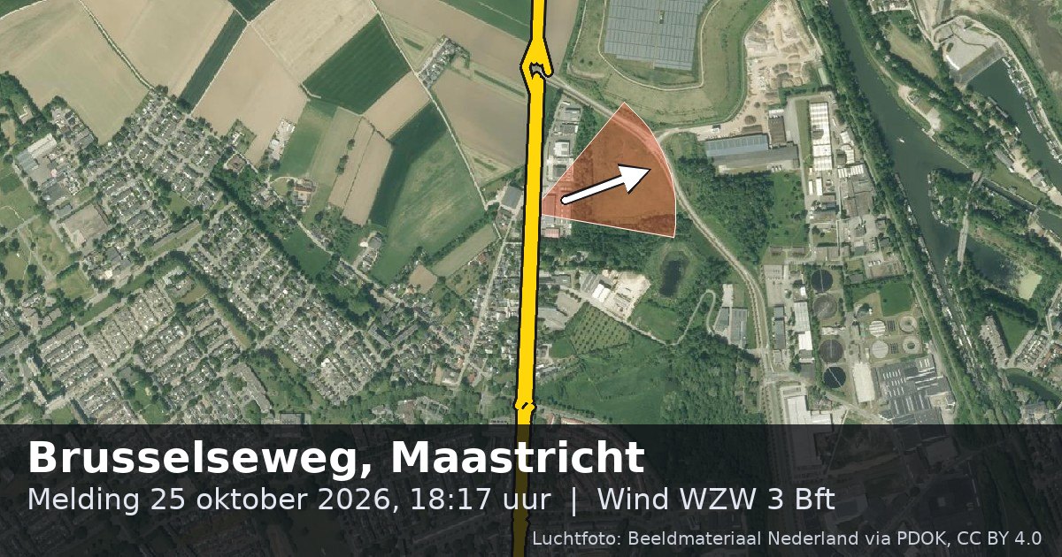 Luchtfoto van de Brusselseweg in Maastricht, met de straat gemarkeerd en een pijl in de windrichting