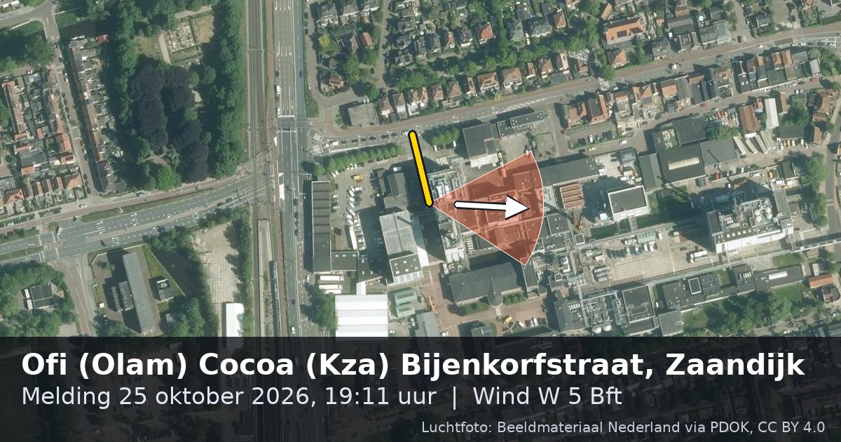 Luchtfoto van de Ofi (Olam) Cocoa (Kza) Bijenkorfstraat in Zaandijk, met de straat gemarkeerd en een pijl in de windrichting