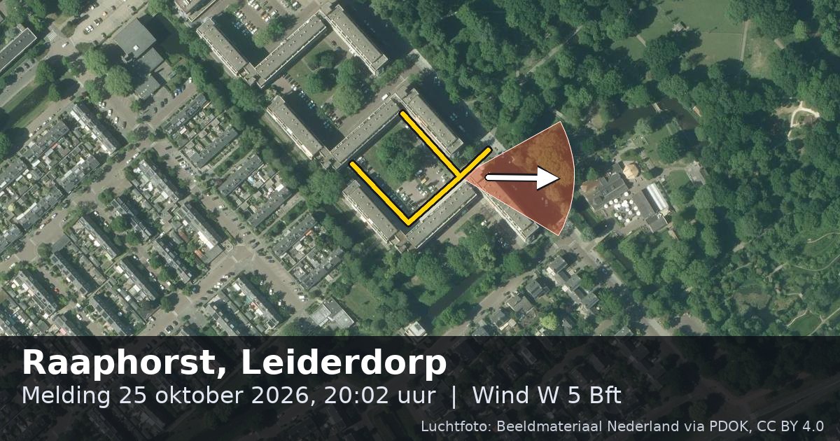 Luchtfoto van de Raaphorst in Leiderdorp, met de straat gemarkeerd en een pijl in de windrichting