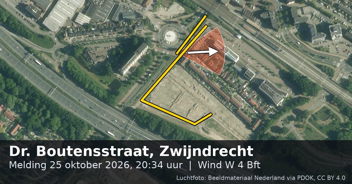 Luchtfoto van de Dr. Boutensstraat in Zwijndrecht, met de straat gemarkeerd en een pijl in de windrichting