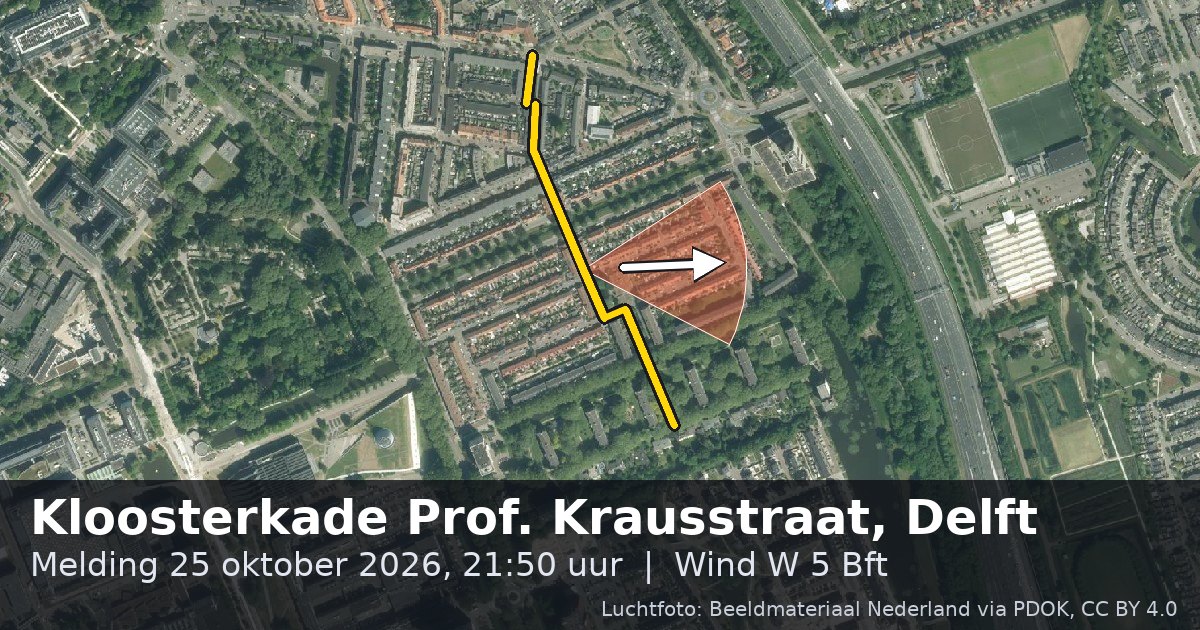 Luchtfoto van de Kloosterkade Prof. Krausstraat in Delft, met de straat gemarkeerd en een pijl in de windrichting