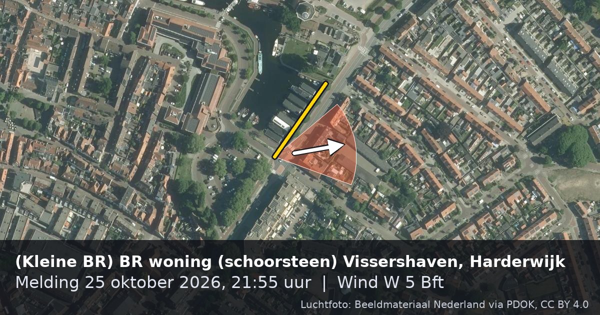 Luchtfoto van de (Kleine BR) BR woning (schoorsteen) Vissershaven in Harderwijk, met de straat gemarkeerd en een pijl in de windrichting