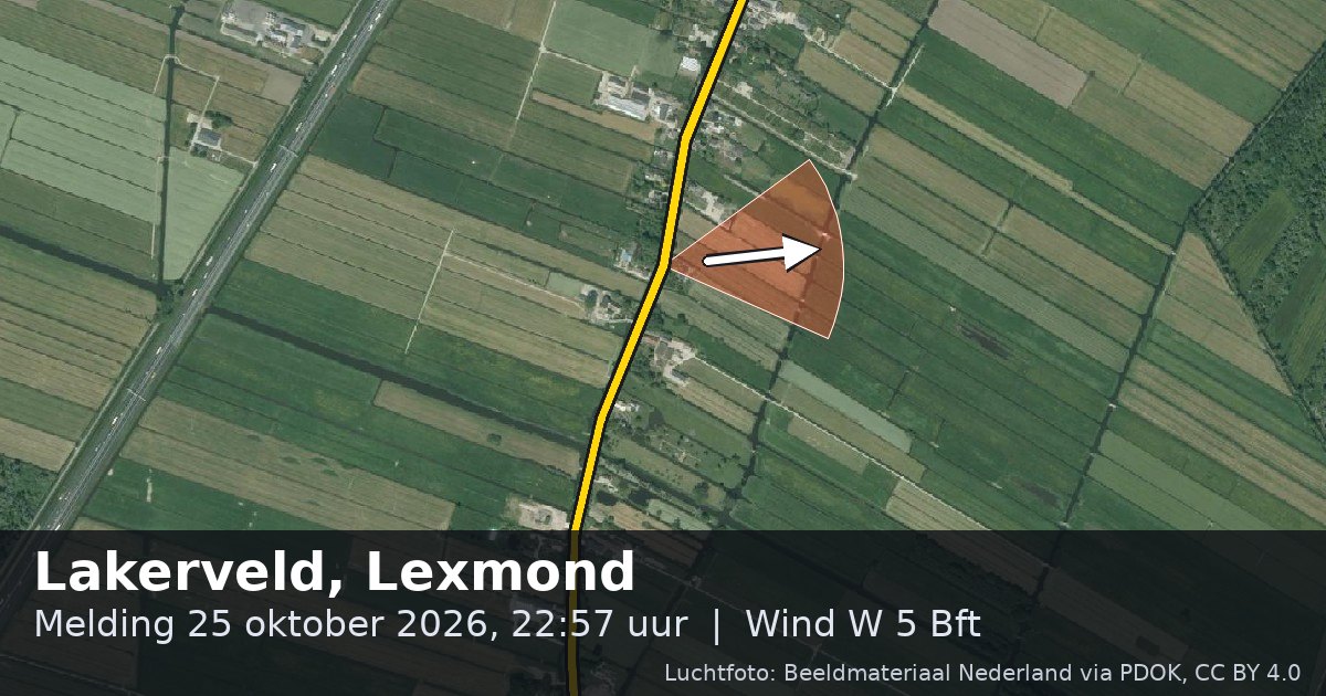 Luchtfoto van de Lakerveld in Lexmond, met de straat gemarkeerd en een pijl in de windrichting