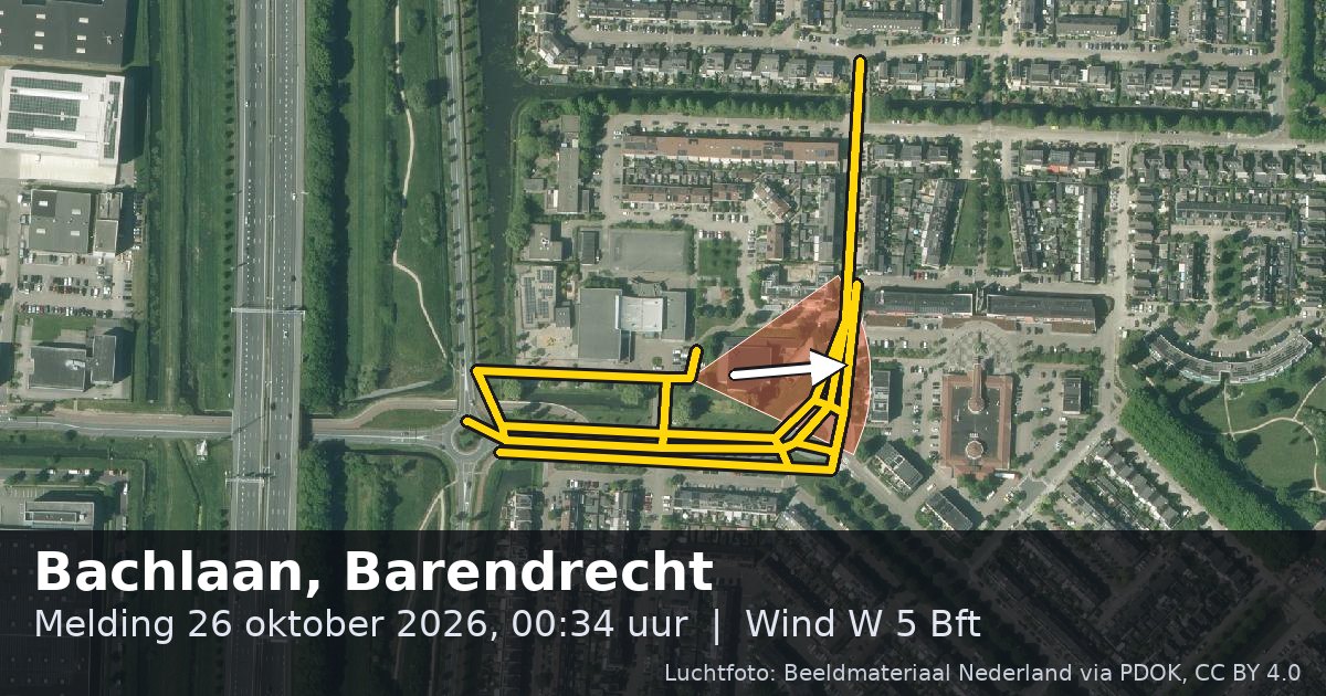 Luchtfoto van de Bachlaan in Barendrecht, met de straat gemarkeerd en een pijl in de windrichting