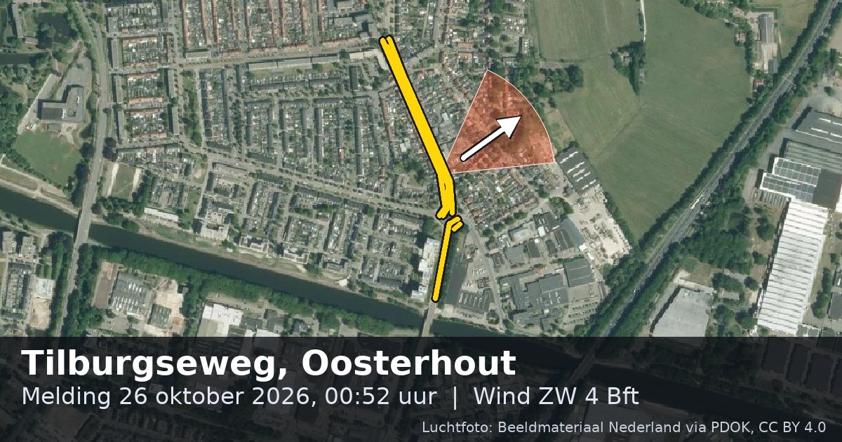 Luchtfoto van de Tilburgseweg in Oosterhout, met de straat gemarkeerd en een pijl in de windrichting