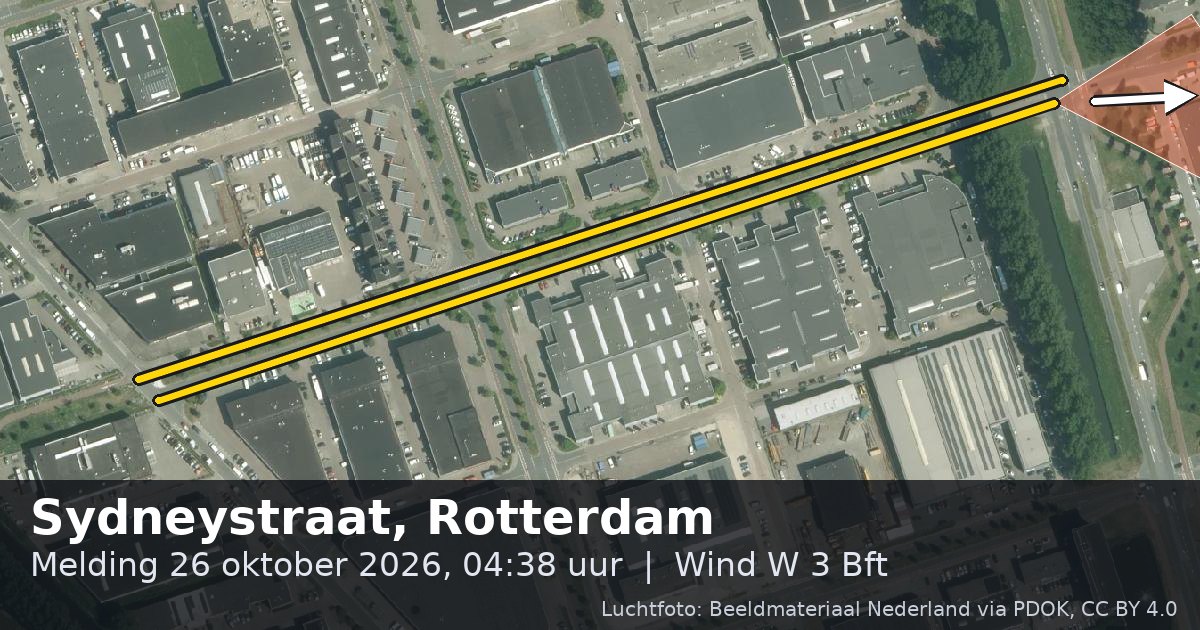 Luchtfoto van de Sydneystraat in Rotterdam, met de straat gemarkeerd en een pijl in de windrichting