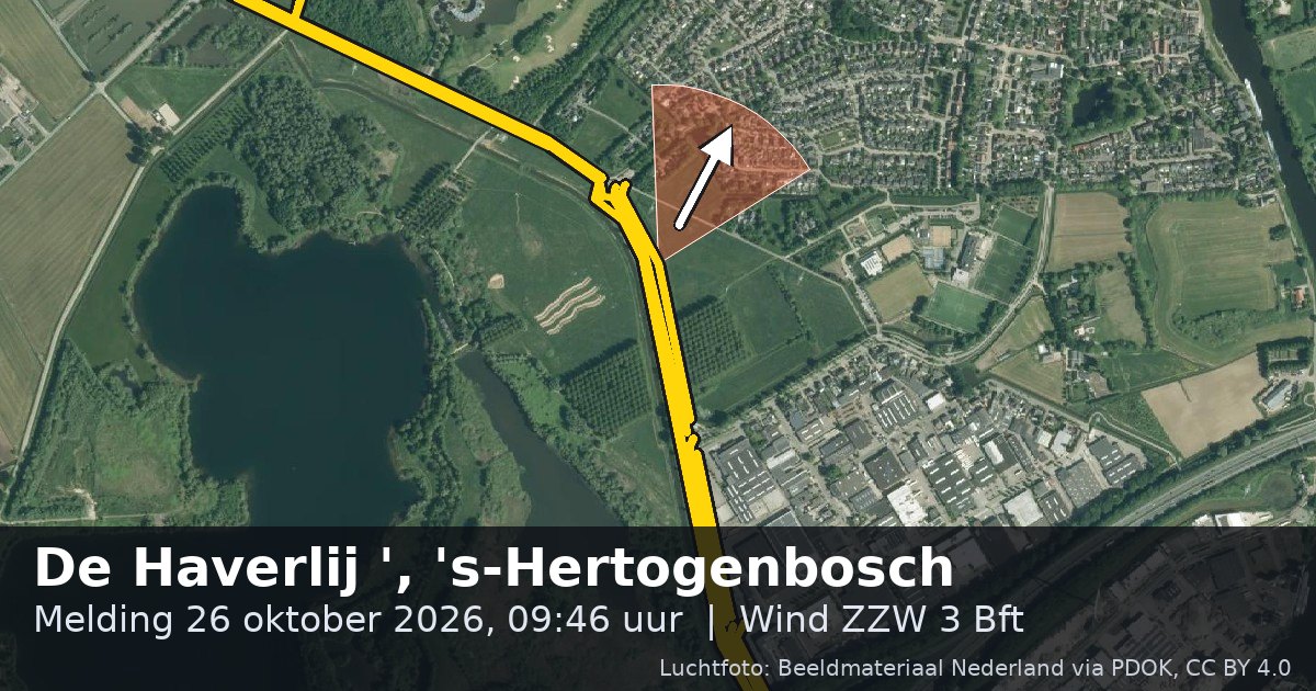Luchtfoto van de De Haverlij in 's-Hertogenbosch, met de straat gemarkeerd en een pijl in de windrichting