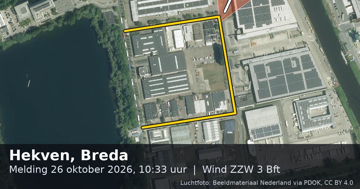 Luchtfoto van de Hekven in Breda, met de straat gemarkeerd en een pijl in de windrichting