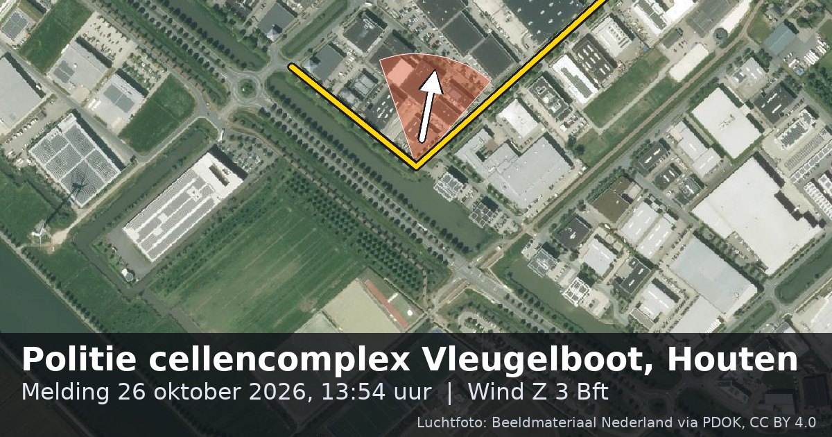 Luchtfoto van de Politie cellencomplex Vleugelboot in Houten, met de straat gemarkeerd en een pijl in de windrichting