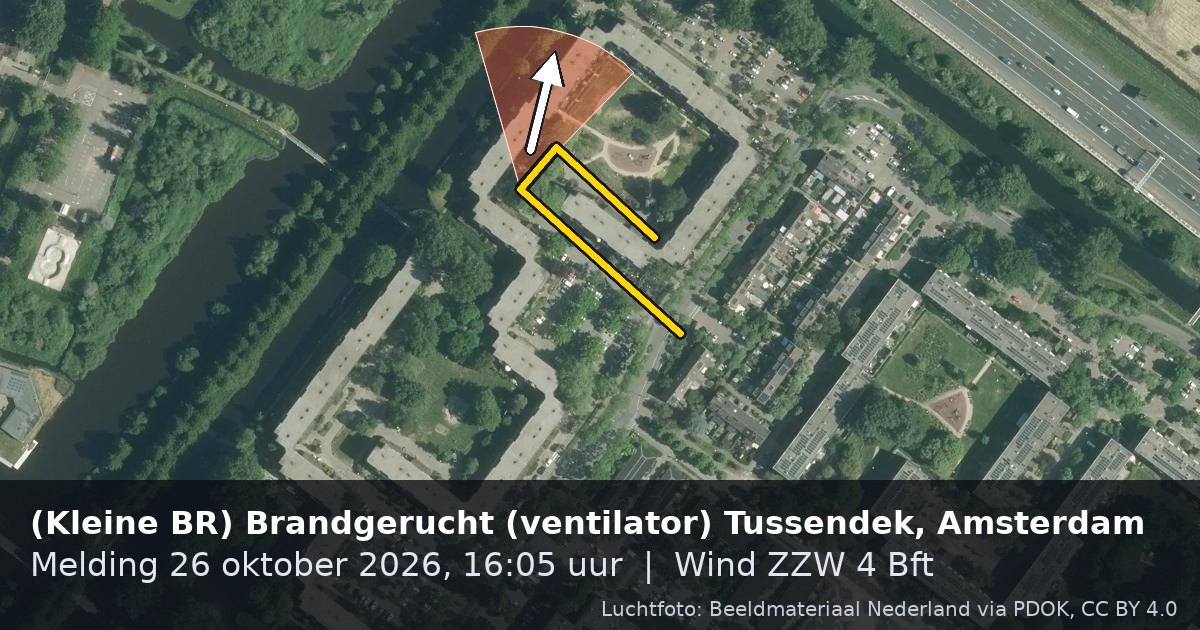 Luchtfoto van de Tussendek in Amsterdam, met de straat gemarkeerd en een pijl in de windrichting