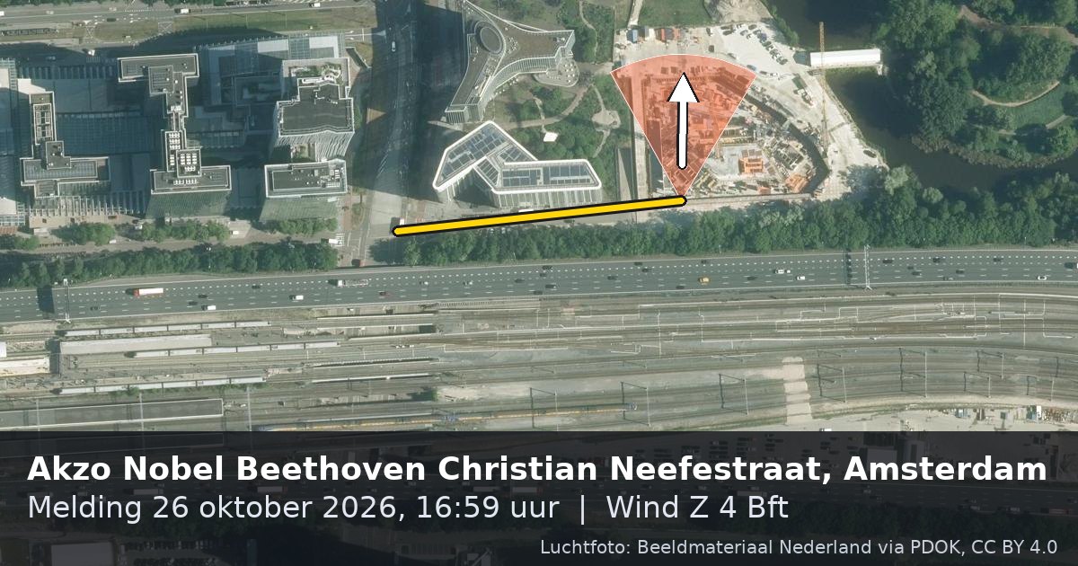 Luchtfoto van de Christian Neefestraat in Amsterdam, met de straat gemarkeerd en een pijl in de windrichting