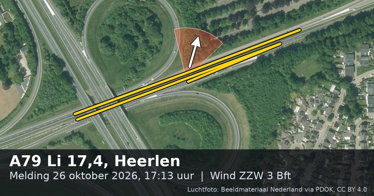 Luchtfoto van de A79 in Heerlen, met de straat gemarkeerd en een pijl in de windrichting