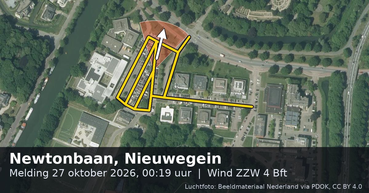 Luchtfoto van de Newtonbaan in Nieuwegein, met de straat gemarkeerd en een pijl in de windrichting