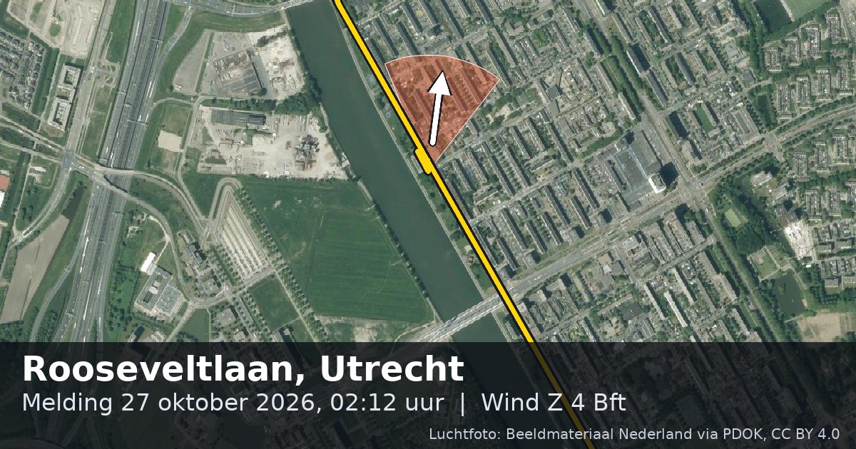 Luchtfoto van de Rooseveltlaan in Utrecht, met de straat gemarkeerd en een pijl in de windrichting