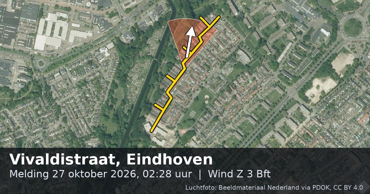 Luchtfoto van de Vivaldistraat in Eindhoven, met de straat gemarkeerd en een pijl in de windrichting