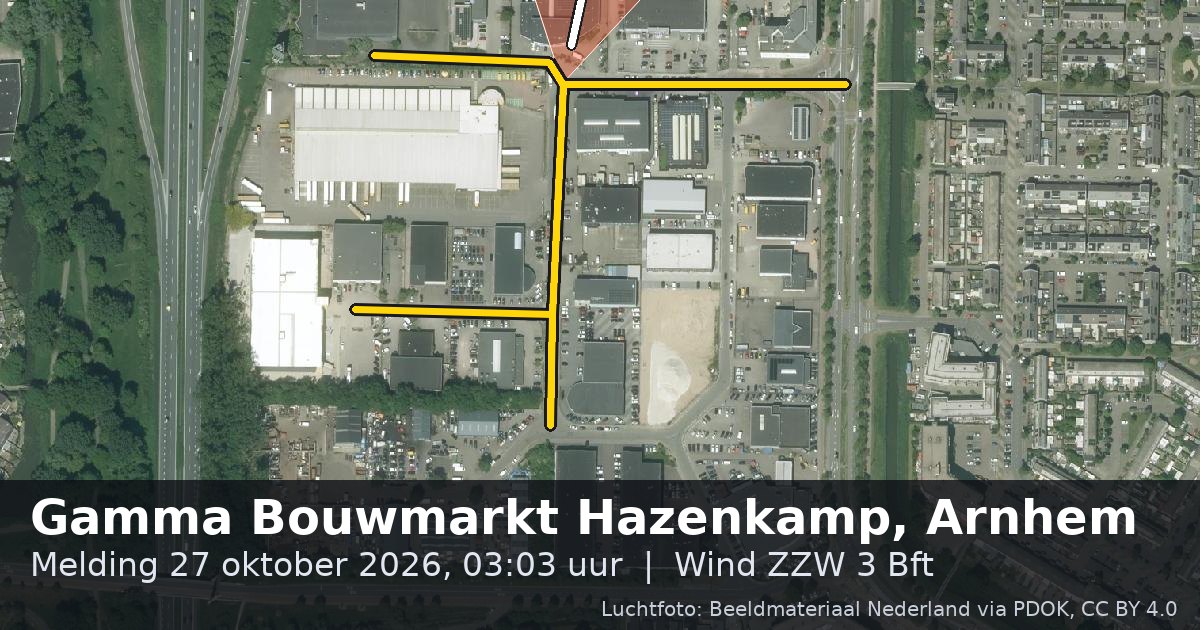 Luchtfoto van de Hazenkamp in Arnhem, met de straat gemarkeerd en een pijl in de windrichting