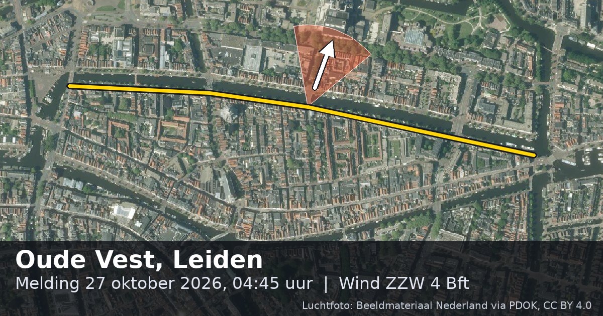 Luchtfoto van de Oude Vest in Leiden, met de straat gemarkeerd en een pijl in de windrichting
