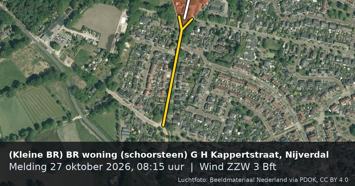 Luchtfoto van de (Kleine BR) BR woning (schoorsteen) G H Kappertstraat in Nijverdal, met de straat gemarkeerd en een pijl in de windrichting