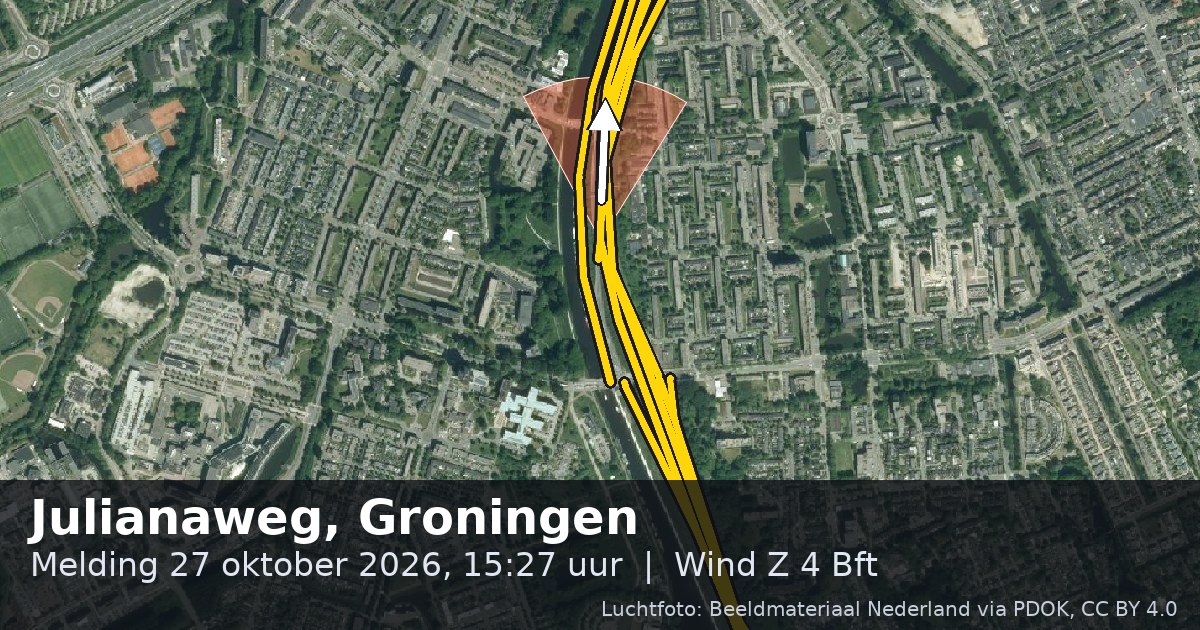 Luchtfoto van de Julianaweg in Groningen, met de straat gemarkeerd en een pijl in de windrichting