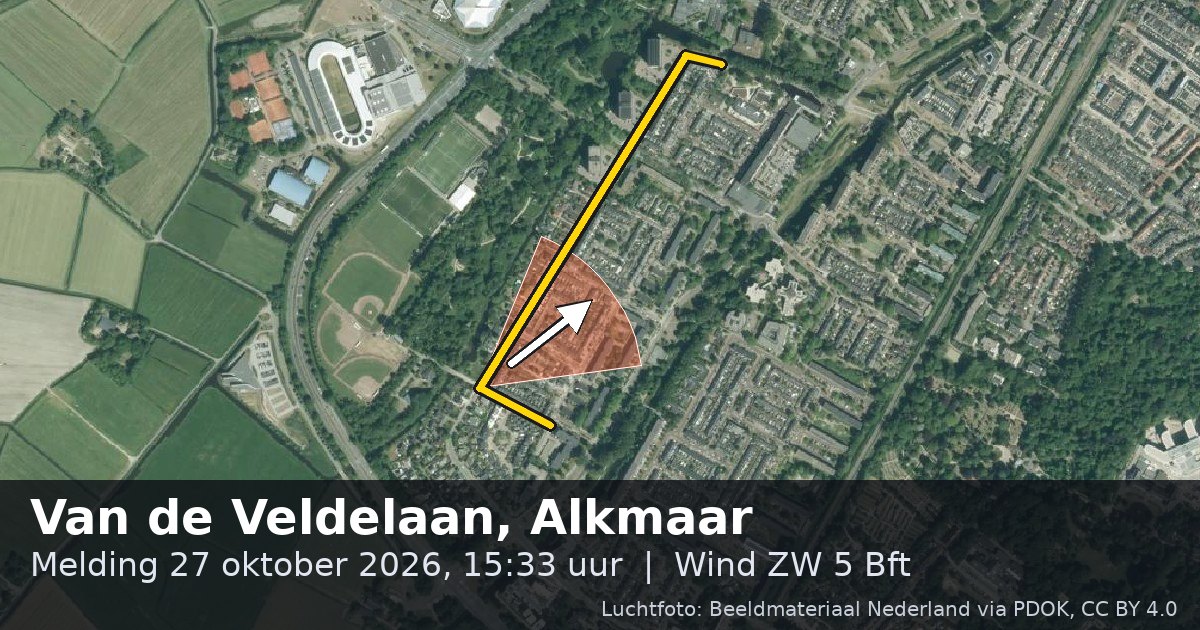Luchtfoto van de Van de Veldelaan in Alkmaar, met de straat gemarkeerd en een pijl in de windrichting