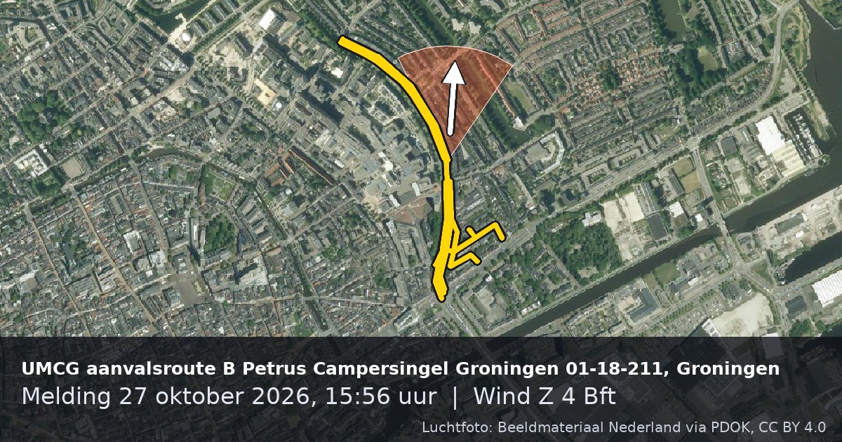 Luchtfoto van de Petrus Campersingel in Groningen, met de straat gemarkeerd en een pijl in de windrichting