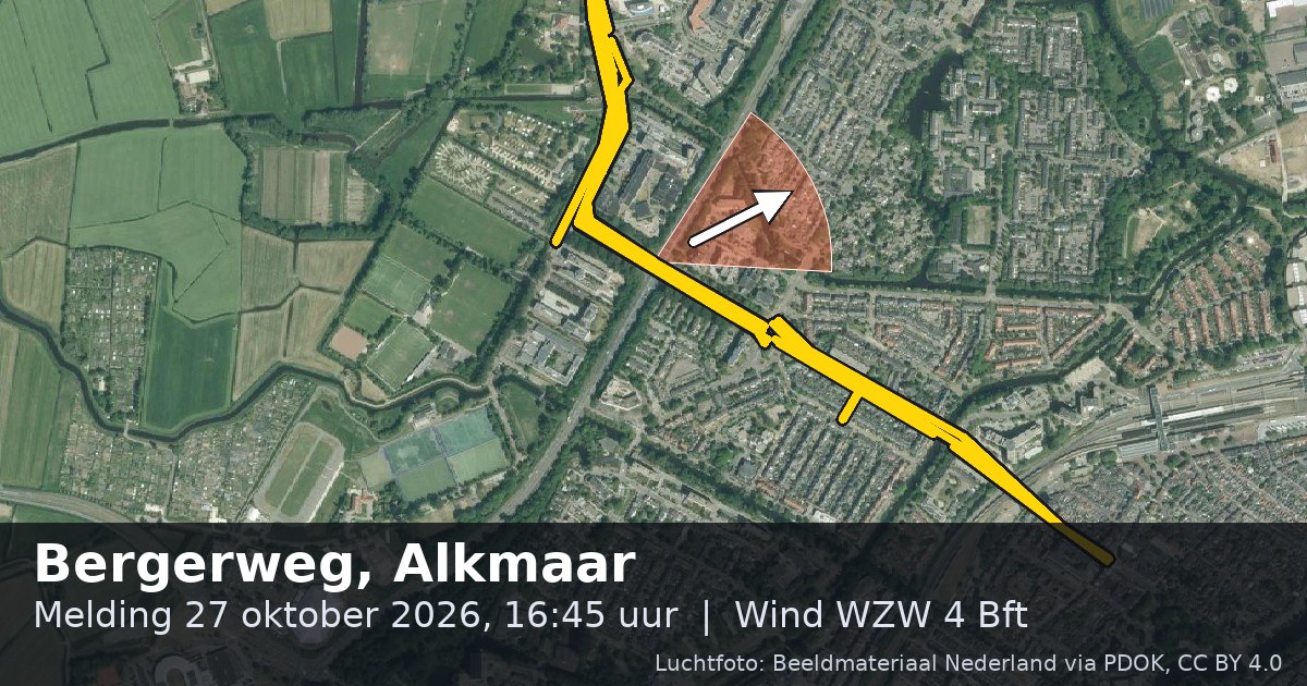 Luchtfoto van de Bergerweg in Alkmaar, met de straat gemarkeerd en een pijl in de windrichting