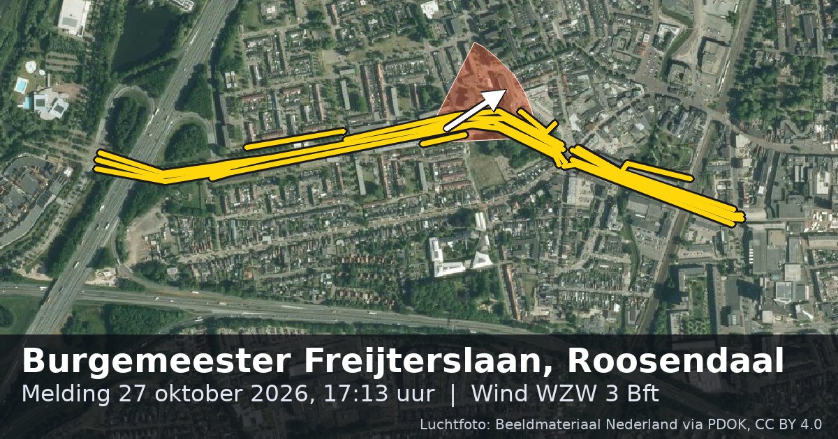 Luchtfoto van de Burgemeester Freijterslaan in Roosendaal, met de straat gemarkeerd en een pijl in de windrichting