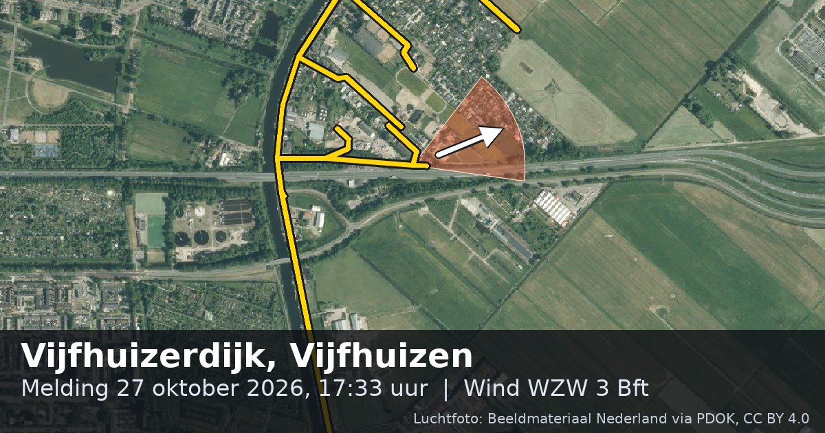 Luchtfoto van de Vijfhuizerdijk in Vijfhuizen, met de straat gemarkeerd en een pijl in de windrichting