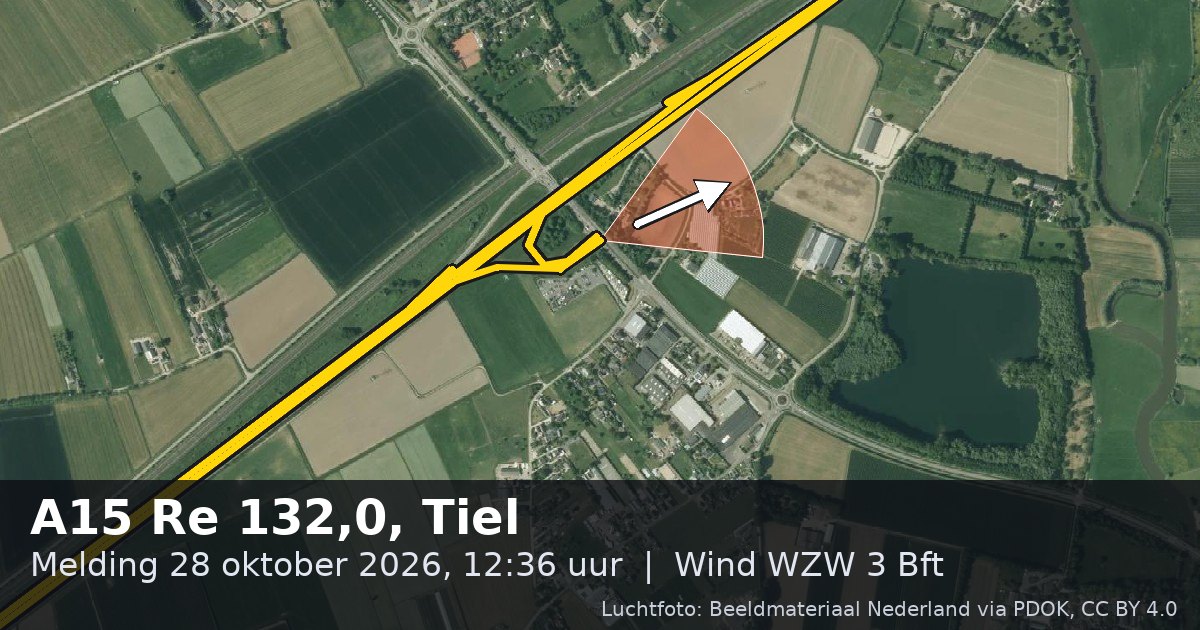 Luchtfoto van de A15 in Tiel, met de straat gemarkeerd en een pijl in de windrichting