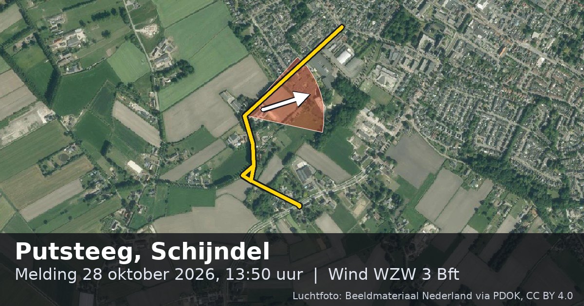 Luchtfoto van de Putsteeg in Schijndel, met de straat gemarkeerd en een pijl in de windrichting