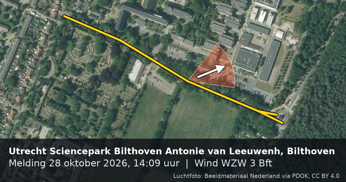 Luchtfoto van de Utrecht Sciencepark Bilthoven Antonie van Leeuwenh in Bilthoven, met de straat gemarkeerd en een pijl in de windrichting