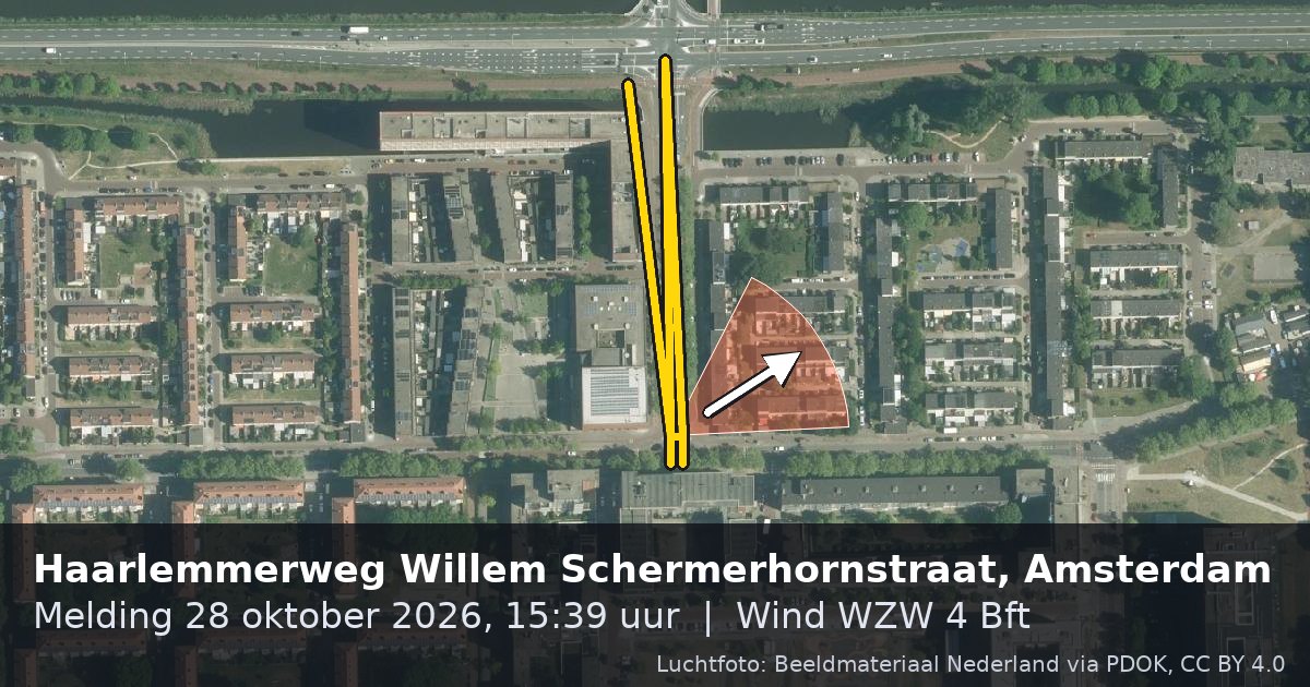 Luchtfoto van de Willem Schermerhornstraat in Amsterdam, met de straat gemarkeerd en een pijl in de windrichting