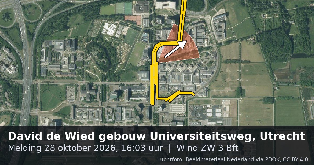 Luchtfoto van de David de Wied gebouw Universiteitsweg in Utrecht, met de straat gemarkeerd en een pijl in de windrichting