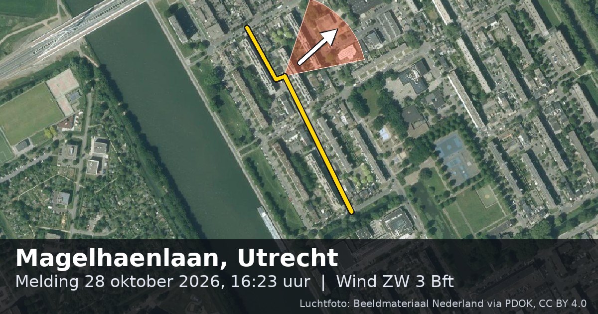 Luchtfoto van de Magelhaenlaan in Utrecht, met de straat gemarkeerd en een pijl in de windrichting